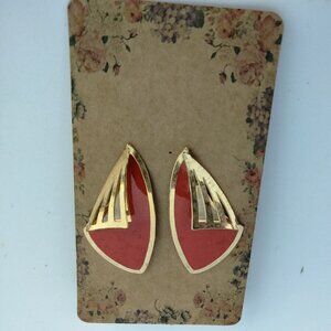 Red Gold Tone Earrings Abstract Geometric Art Deco Pierced Post